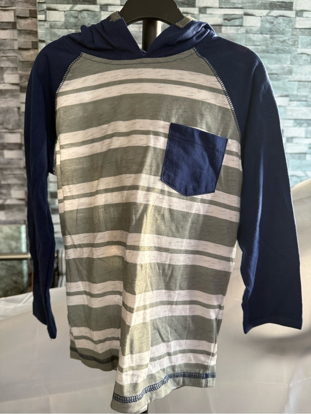 Kids Striped Hooded Tee with Pocket - Navy & Grey